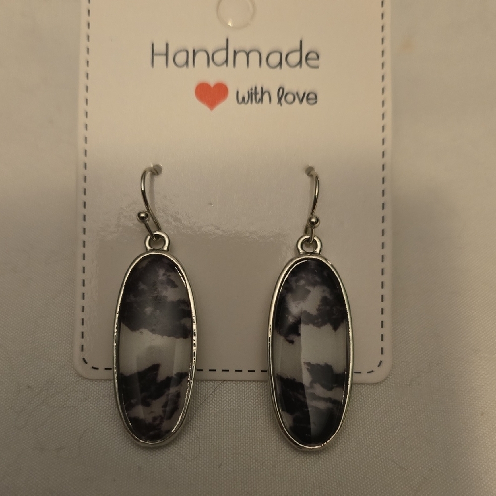 Black and Silver Oval Dangle Earrings